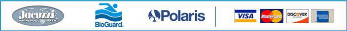 We carry the following brands: Jacuzzi, BioGuard & Polaris. We accept the following: Visa, Mastercard, Discover and American Express