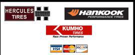 We offer products from Hercules Tires, Hankook, and Kuhmo Tires. We accept Visa, MasterCard, and Discover.