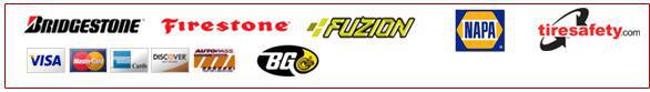 We carry Bridgestone, Firestone, and Fuzion products. We accept Visa, MasterCard, American Express, Discover, Autopass card, cash, and checks.