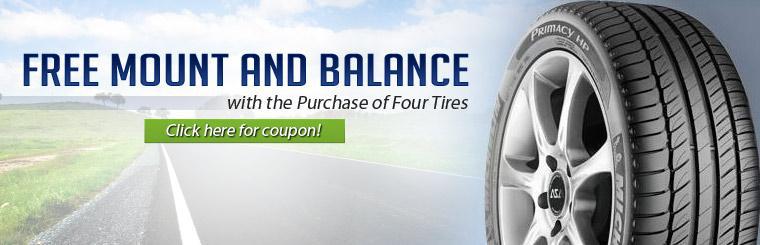 Click here for a coupon to get free mounting and balancing with the purchase of four tires.