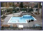 Geometric pool with inside spa and bridge.